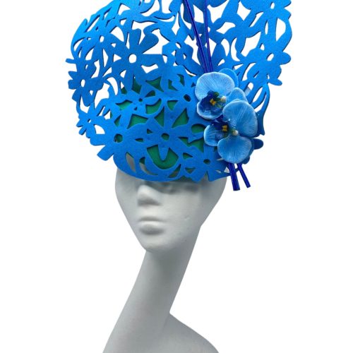 Stunning bright blue laser cut headpiece with green base and finished with matching blue orchid flower detail.